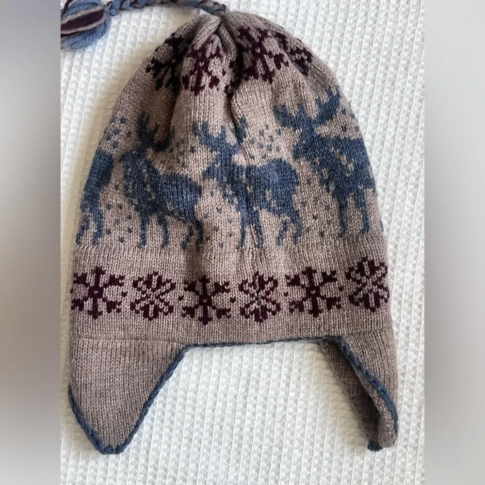 Caribou Wool Women Men Reindeer Cozy Knit Tan Red Beanie Hat with Earflaps OS